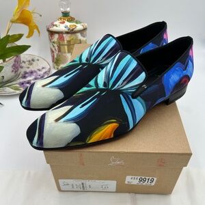 Men’s Christian Louboutin, dandy, chick roses, satin loafers size 43